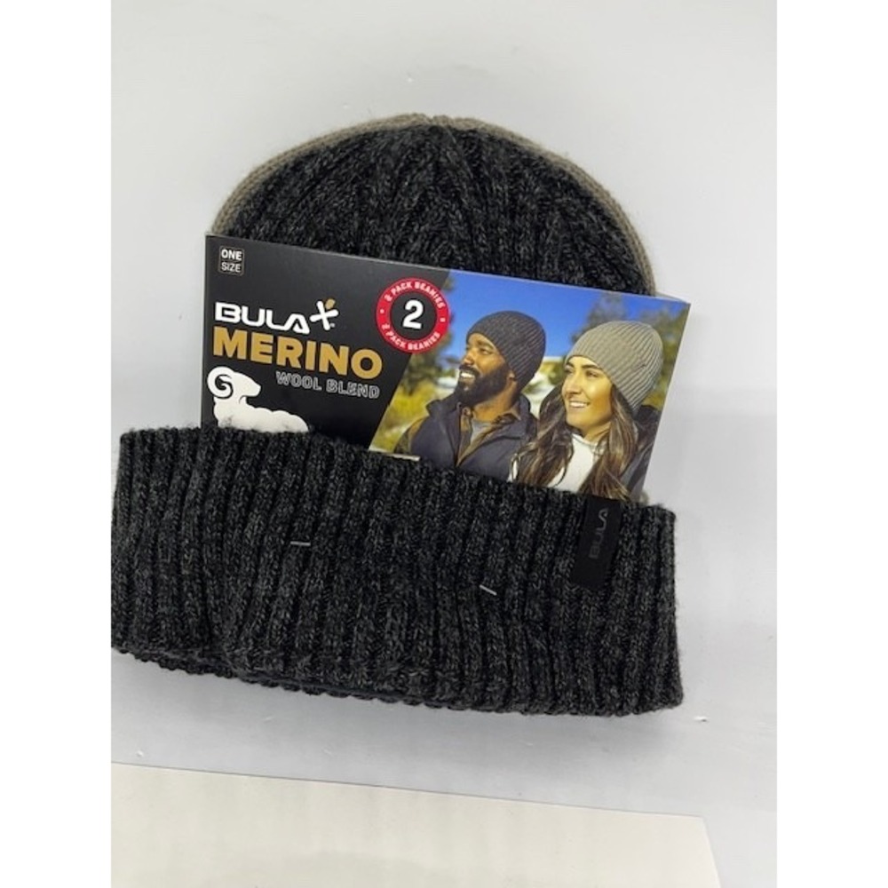 New Bula 2-Pack Merino Wool Blend Beanies Black +Beige One Size NWT Unisex